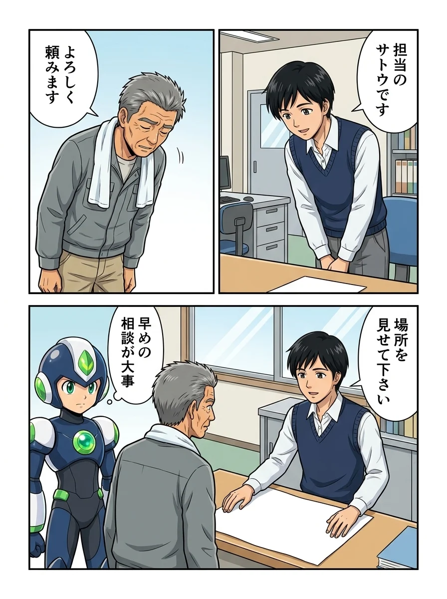 サトウ「担当のサトウです」／ハルオ「よろしく頼みます」／サトウ「場所を見せて下さい」／タンソーマン「早めの相談が大事」