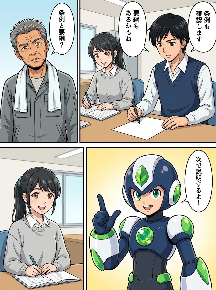 サトウ「条例も確認します」／アオイ「要綱もあるかもね」／ハルオ「条例と要綱？」／タンソーマン「次で説明するよ！」