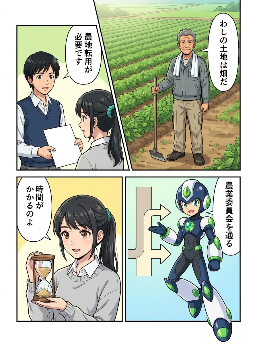 ハルオ「わしの土地は畑だ」/サトウ「農地転用が必要です」/タンソーマン「農業委員会を通る」/アオイ「時間がかかるのよ」