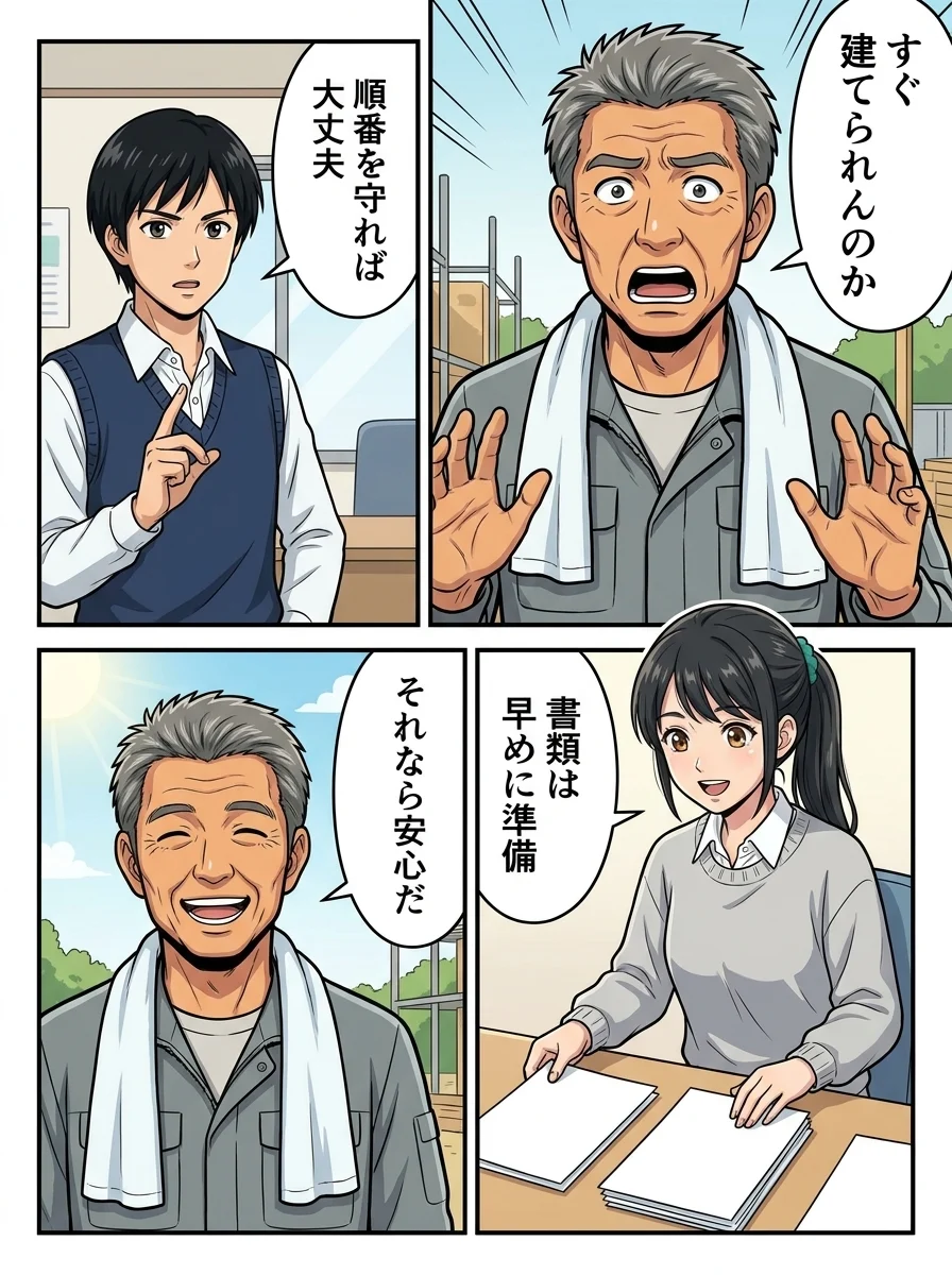 ハルオ「すぐ建てられんのか」/サトウ「順番を守れば大丈夫」/アオイ「書類は早めに準備」/ハルオ「それなら安心だ」