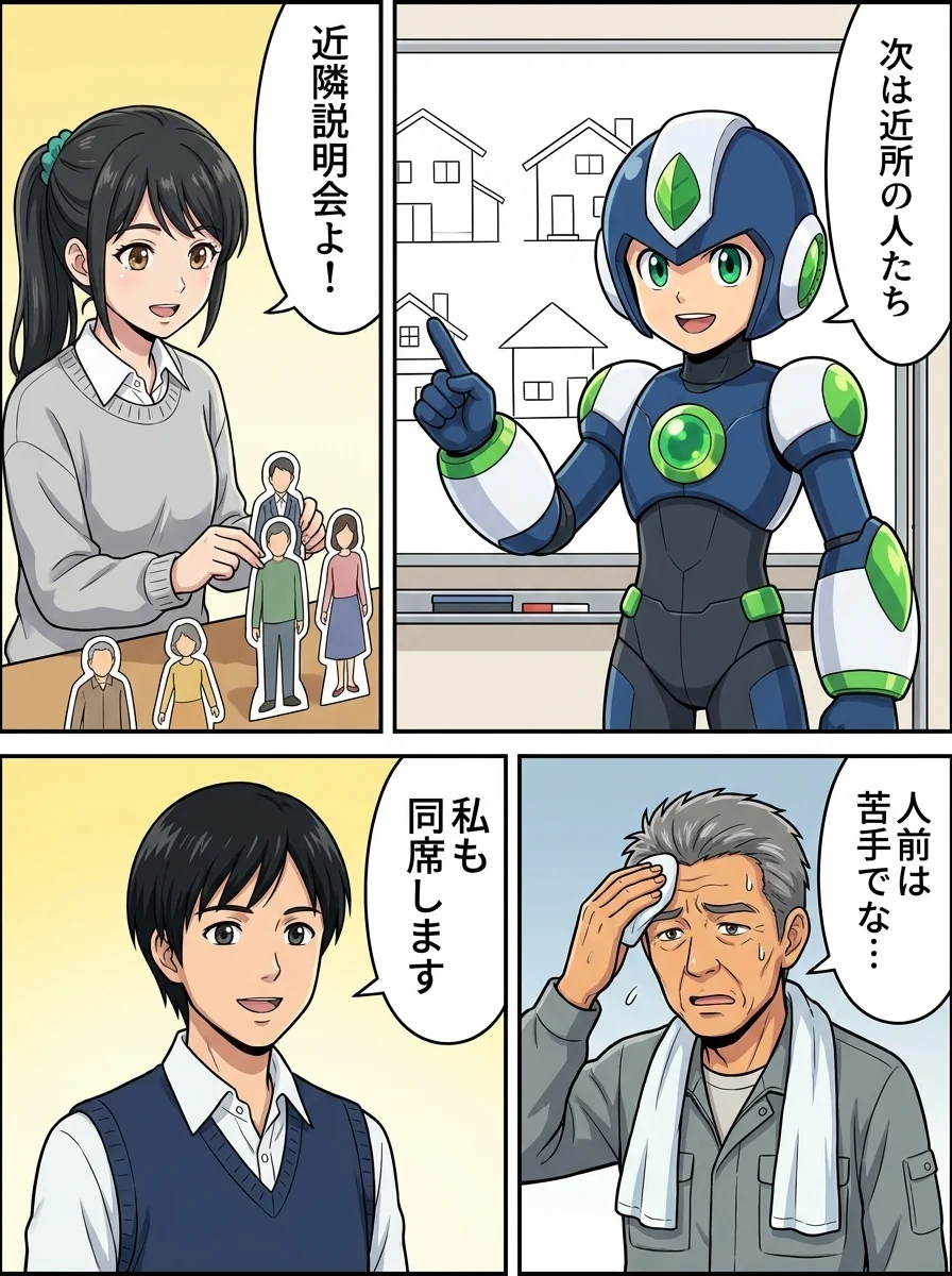 タンソーマン「次は近所の人たち」/アオイ「近隣説明会よ!」/ハルオ「人前は苦手でな…」/サトウ「私も同席します」