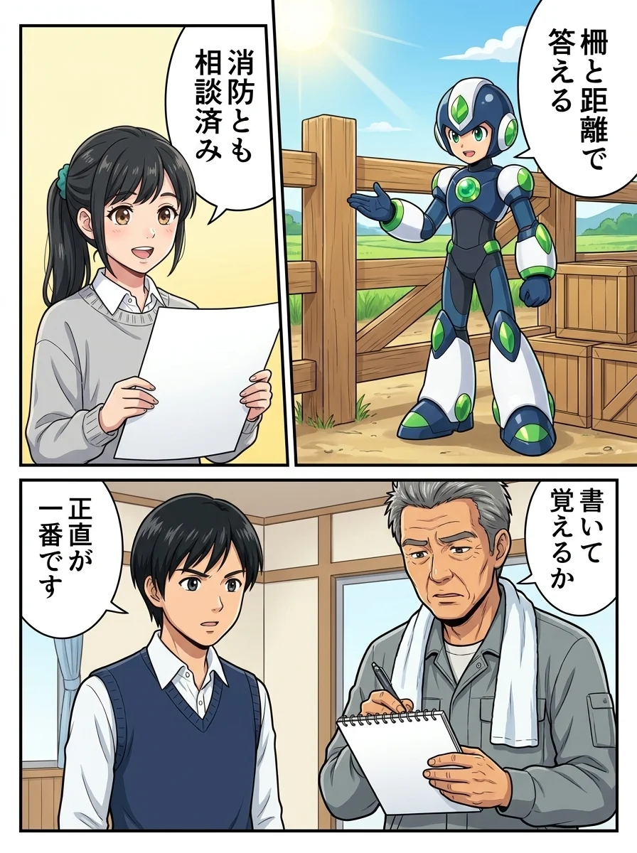 タンソーマン「柵と距離で答える」/アオイ「消防とも相談済み」/ハルオ「書いて覚えるか」/サトウ「正直が一番です」