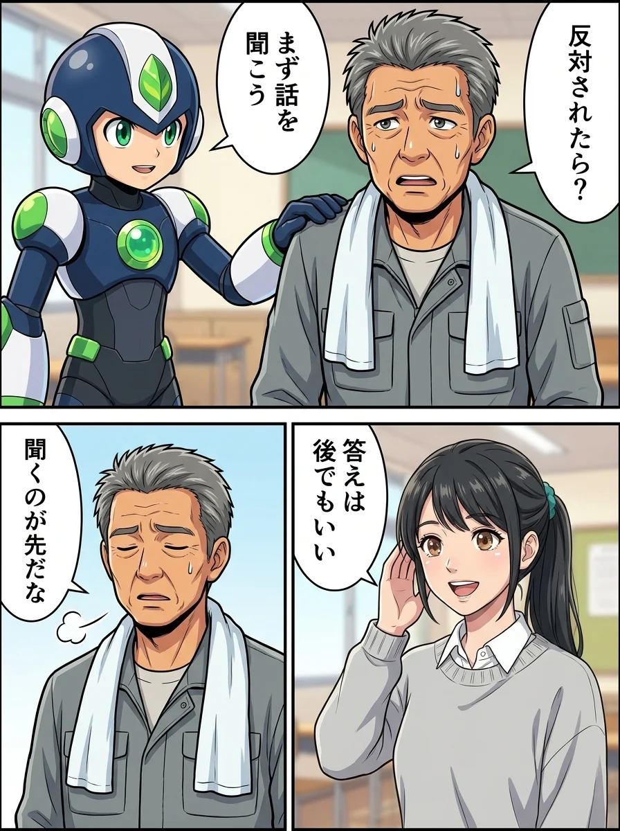 ハルオ「反対されたら?」/タンソーマン「まず話を聞こう」/アオイ「答えは後でもいい」/ハルオ「聞くのが先だな」