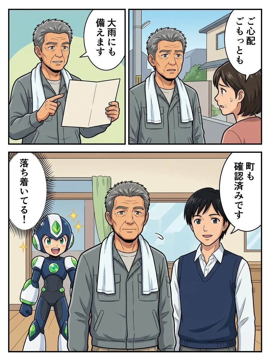 ハルオ「ご心配ごもっとも」/ハルオ「大雨にも備えます」/サトウ「町も確認済みです」/タンソーマン「落ち着いてる!」