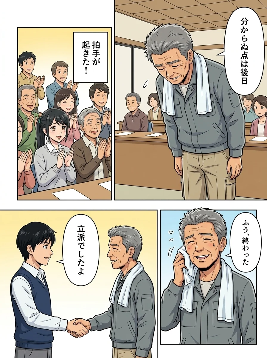 ハルオ「分からぬ点は後日」/アオイ「拍手が起きた!」/ハルオ「ふう、終わった」/サトウ「立派でしたよ」