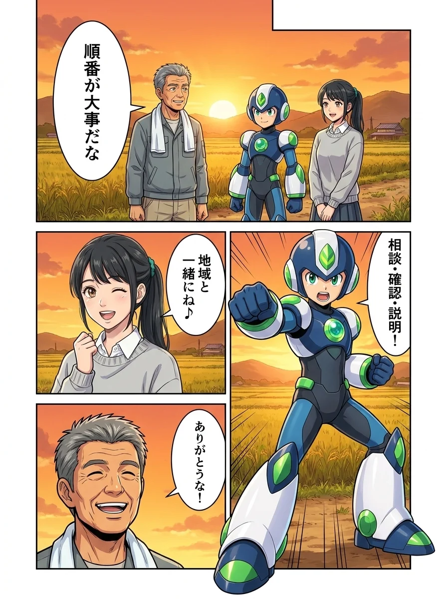ハルオ「順番が大事だな」/タンソーマン「相談・確認・説明!」/アオイ「地域と一緒にね♪」/ハルオ「ありがとうな!」