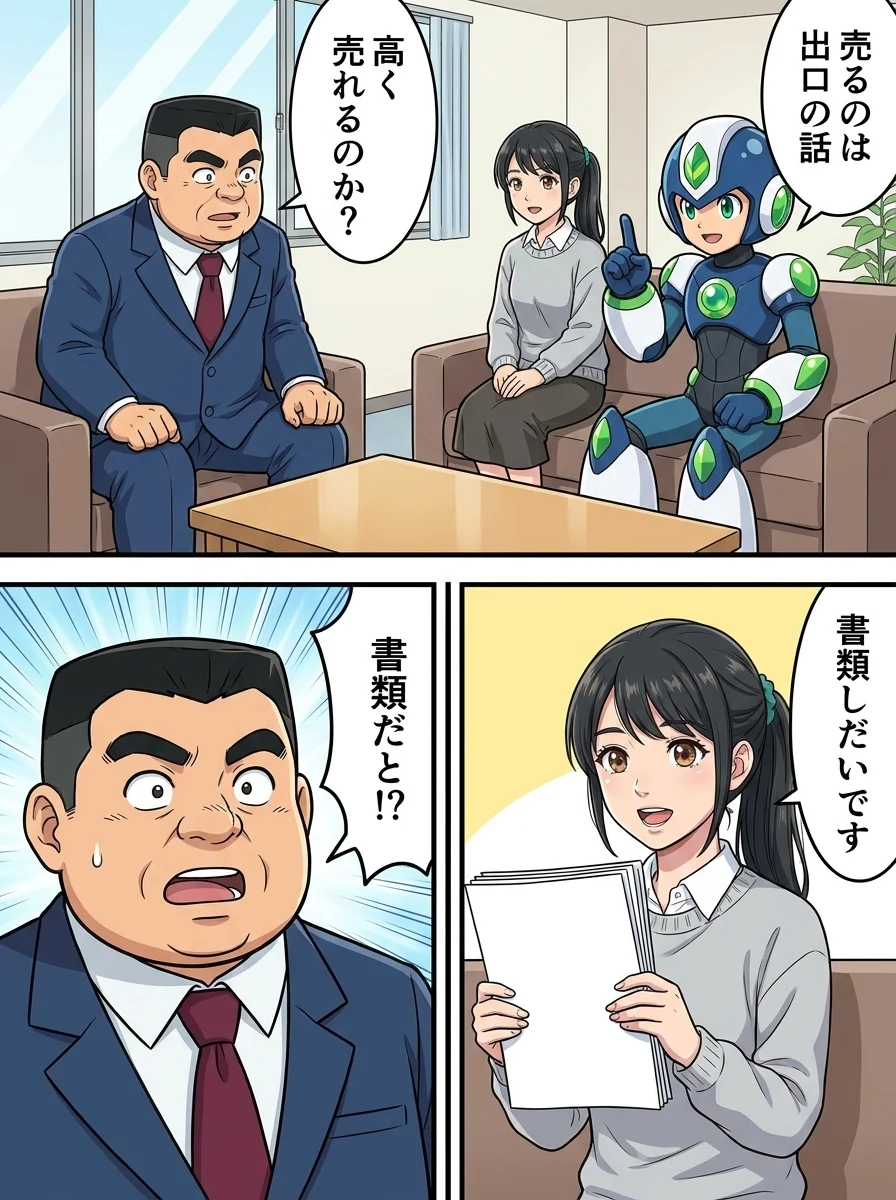 タンソーマン「売るのは出口の話」／ケンジ「高く売れるのか？」／アオイ「書類しだいです」／ケンジ「書類だと!?」