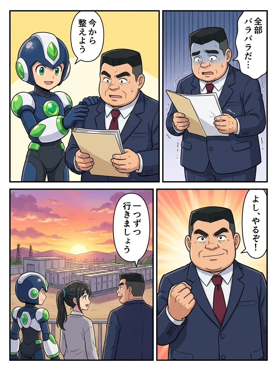 ケンジ「全部バラバラだ…」／タンソーマン「今から整えよう」／ケンジ「よし、やるぞ！」／アオイ「一つずつ行きましょう」