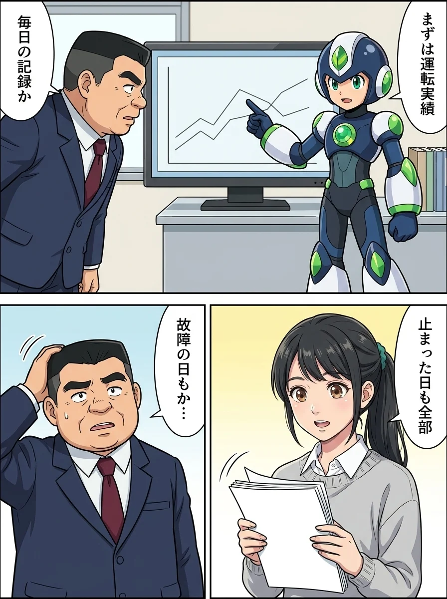 タンソーマン「まずは運転実績」/ケンジ「毎日の記録か」/アオイ「止まった日も全部」/ケンジ「故障の日もか…」