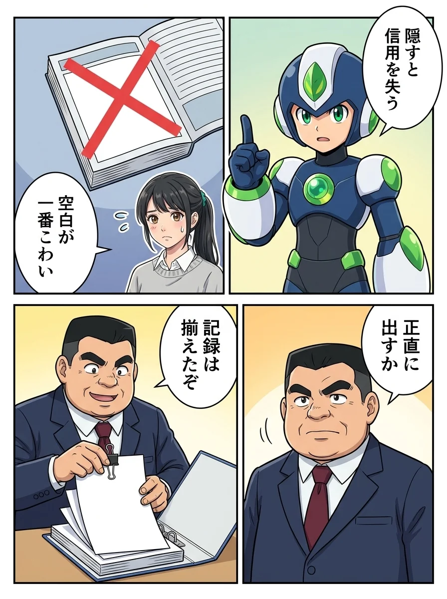 タンソーマン「隠すと信用を失う」/アオイ「空白が一番こわい」/ケンジ「正直に出すか」/ケンジ「記録は揃えたぞ」