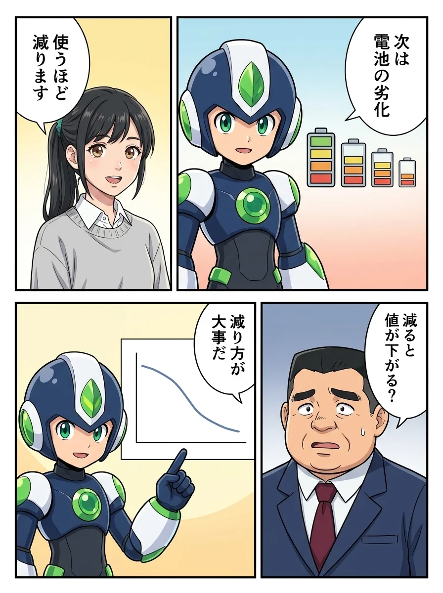 タンソーマン「次は電池の劣化」/アオイ「使うほど減ります」/ケンジ「減ると値が下がる?」/タンソーマン「減り方が大事だ」