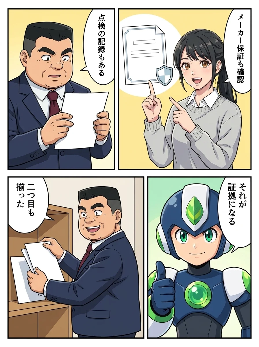 アオイ「メーカー保証も確認」/ケンジ「点検の記録もある」/タンソーマン「それが証拠になる」/ケンジ「二つ目も揃った」