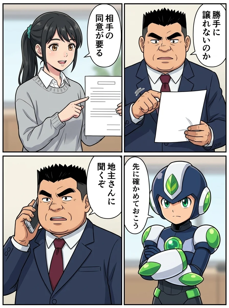 ケンジ「勝手に譲れないのか」／アオイ「相手の同意が要る」／タンソーマン「先に確かめておこう」／ケンジ「地主さんに聞くぞ」