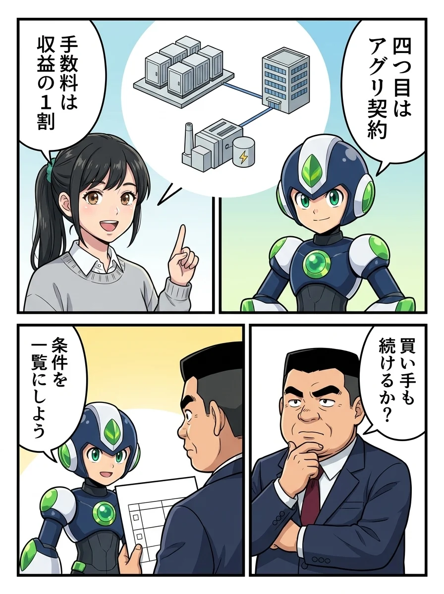 タンソーマン「四つ目はアグリ契約」／アオイ「手数料は収益の1割」／ケンジ「買い手も続けるか？」／タンソーマン「条件を一覧にしよう」