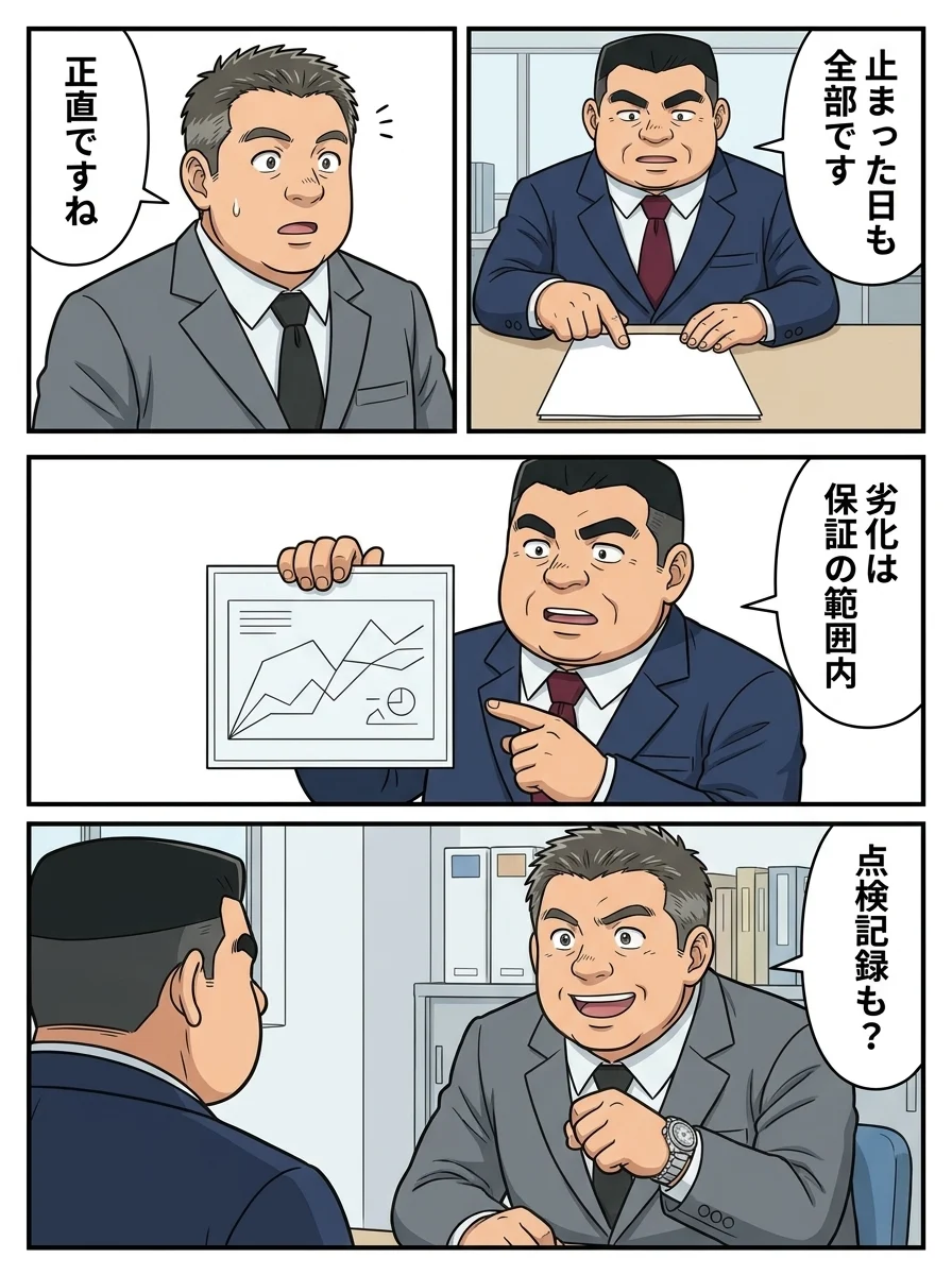 ケンジ「止まった日も全部です」／買い手「正直ですね」／ケンジ「劣化は保証の範囲内」／買い手「点検記録も？」