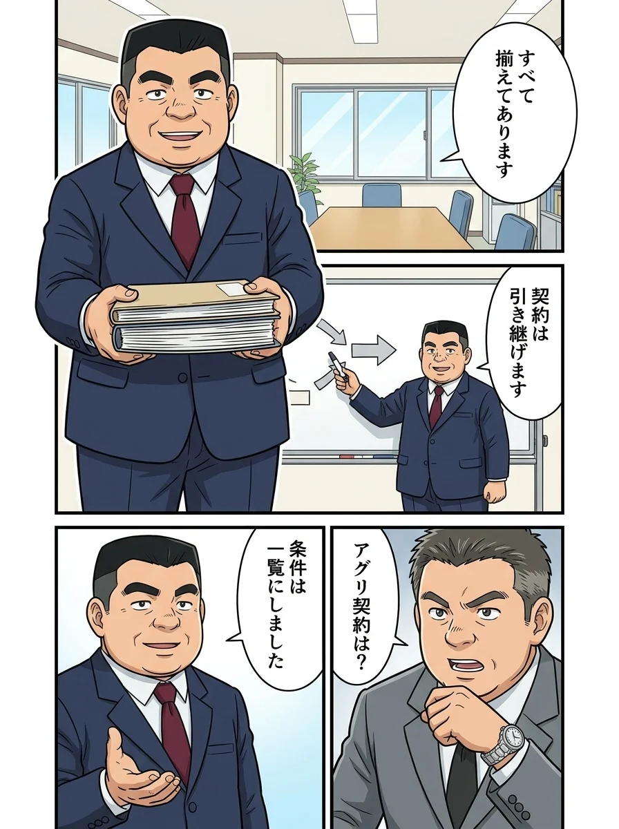 ケンジ「すべて揃えてあります」／ケンジ「契約は引き継げます」／買い手「アグリ契約は？」／ケンジ「条件は一覧にしました」