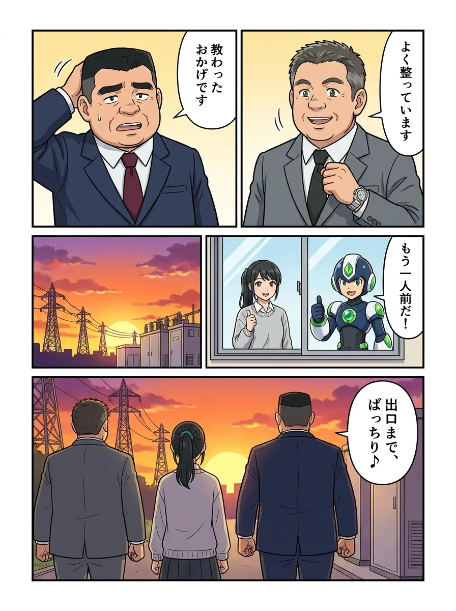 買い手「よく整っています」／ケンジ「教わったおかげです」／タンソーマン「もう一人前だ！」／アオイ「出口まで、ばっちり♪」