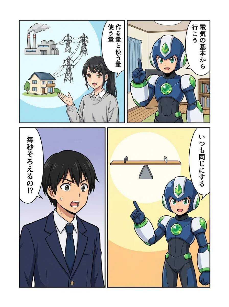 タンソーマン「電気の基本から行こう」／アオイ「作る量と使う量」／タンソーマン「いつも同じにする」／リク「毎秒そろえるの!?」