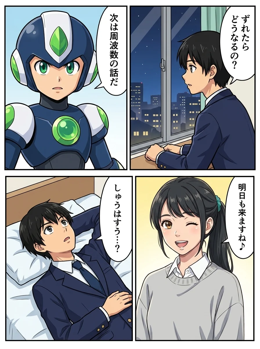 リク「ずれたらどうなるの？」／タンソーマン「次は周波数の話だ」／アオイ「明日も来ますね♪」／リク「しゅうはすう…？」