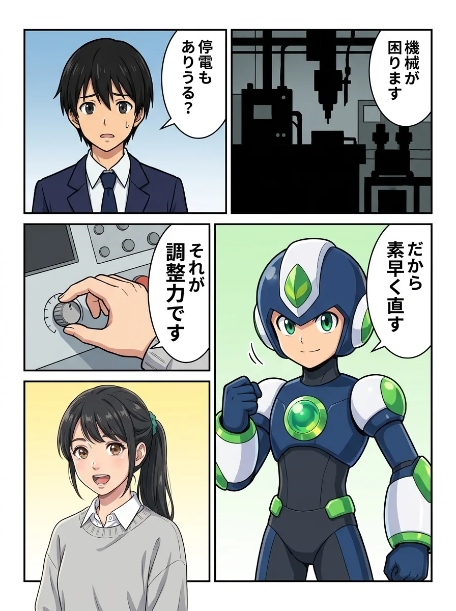 アオイ「機械が困ります」/リク「停電もありうる?」/タンソーマン「だから素早く直す」/アオイ「それが調整力です」