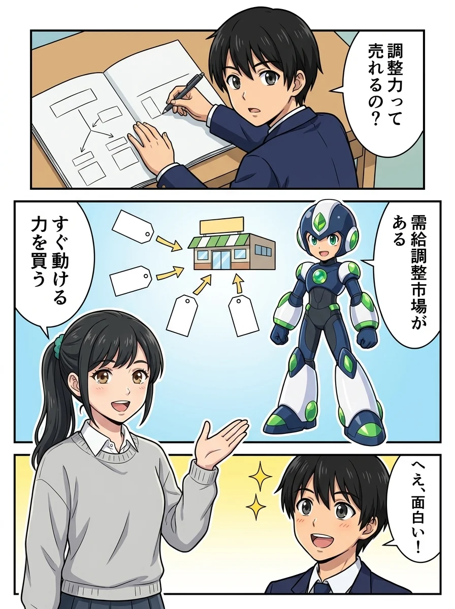 リク「調整力って売れるの?」/タンソーマン「需給調整市場がある」/アオイ「すぐ動ける力を買う」/リク「へえ、面白い!」