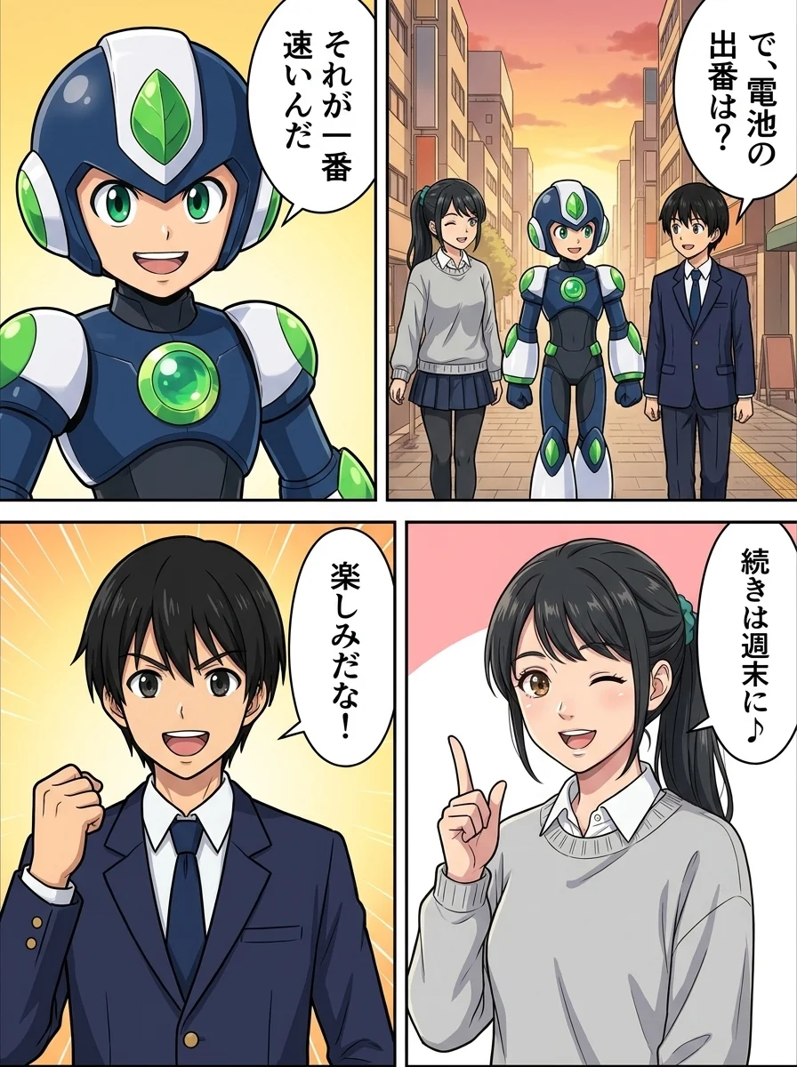 リク「で、電池の出番は?」/タンソーマン「それが一番速いんだ」/アオイ「続きは週末に♪」/リク「楽しみだな!」