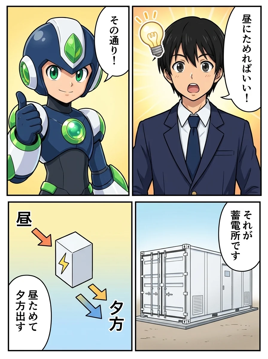 リク「昼にためればいい！」／タンソーマン「その通り！」／アオイ「それが蓄電所です」／タンソーマン「昼ためて夕方出す」