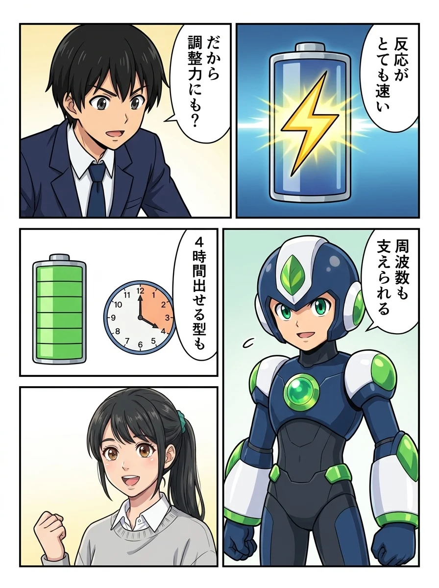 アオイ「反応がとても速い」／リク「だから調整力にも？」／タンソーマン「周波数も支えられる」／アオイ「4時間出せる型も」