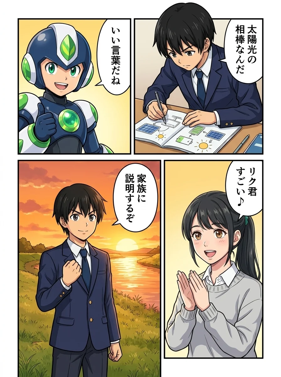 リク「太陽光の相棒なんだ」／タンソーマン「いい言葉だね」／アオイ「リク君すごい♪」／リク「家族に説明するぞ」