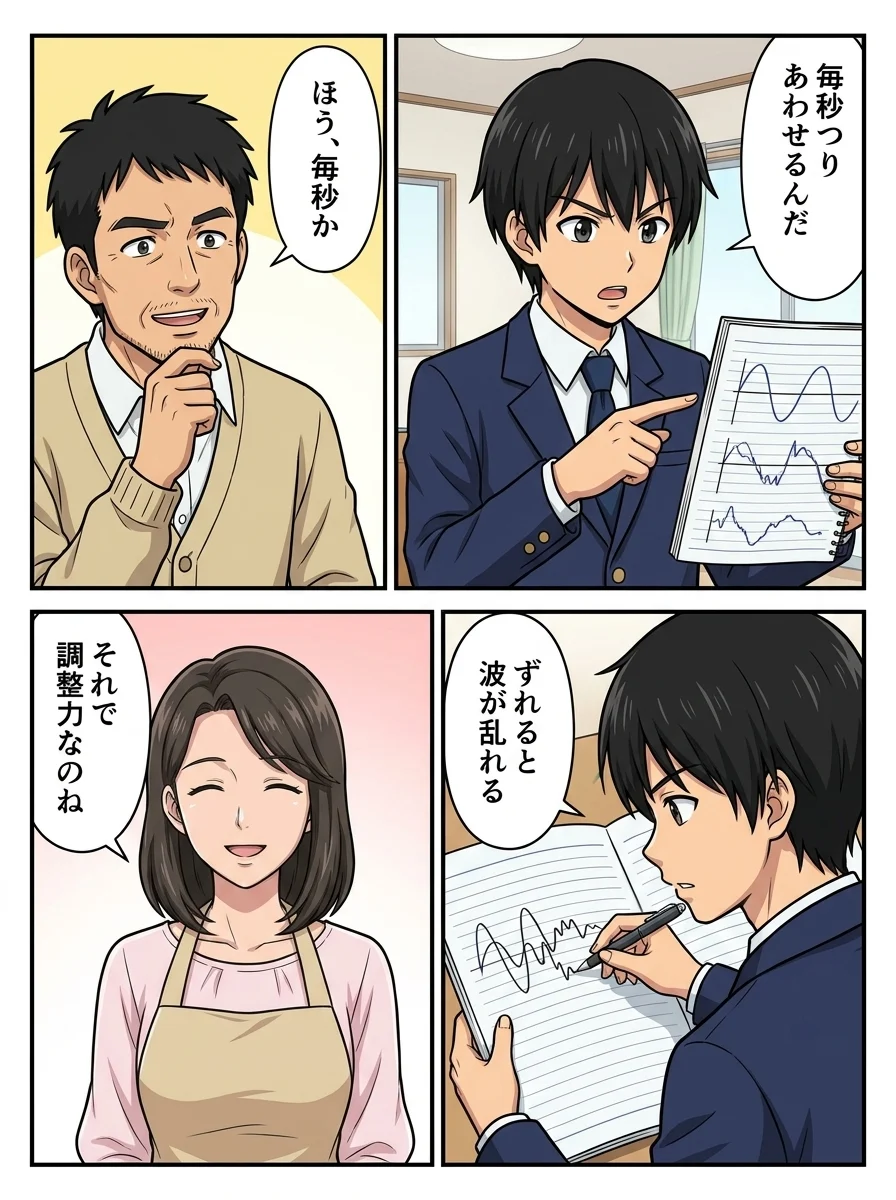 リク「毎秒つりあわせるんだ」／父「ほう、毎秒か」／リク「ずれると波が乱れる」／母「それで調整力なのね」