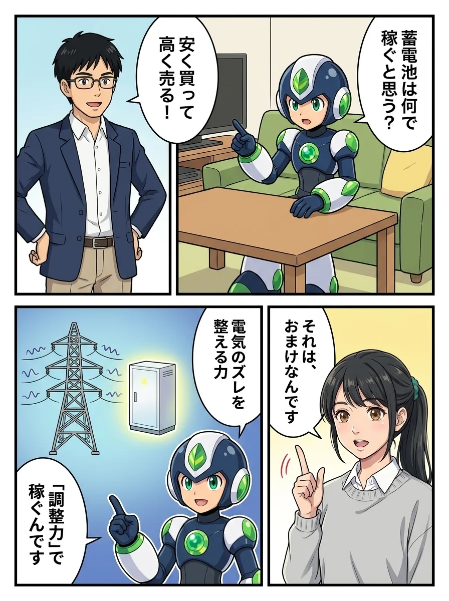 タンソーマン「蓄電池は何で稼ぐと思う？」／ユウキ「安く買って高く売る！」／アオイ「それは、おまけなんです」／タンソーマン「電気のズレを整える力」／タンソーマン「「調整力」で稼ぐんです」