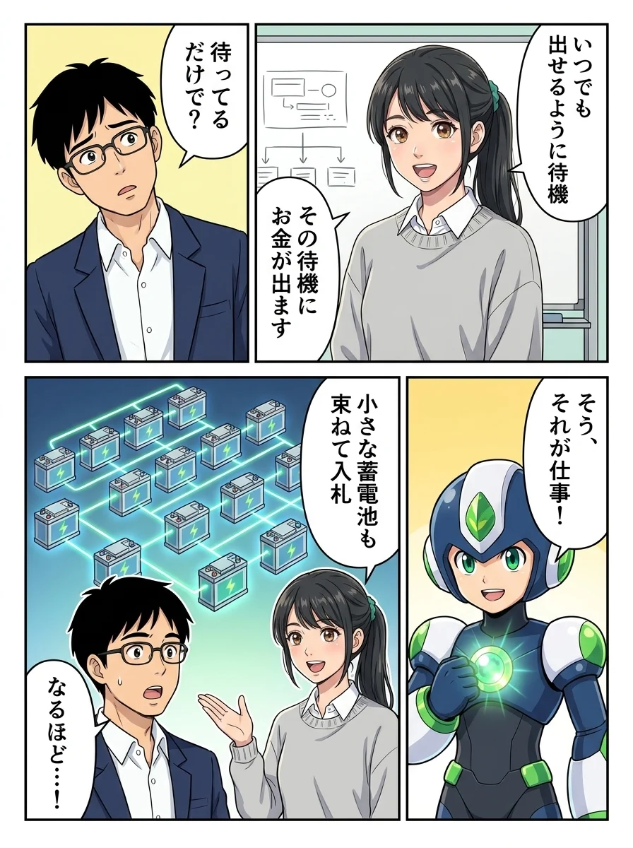 アオイ「いつでも出せるように待機」／アオイ「その待機にお金が出ます」／ユウキ「待ってるだけで？」／タンソーマン「そう、それが仕事！」／アオイ「小さな蓄電池も束ねて入札」／ユウキ「なるほど…！」