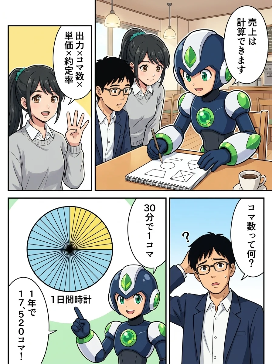 タンソーマン「売上は計算できます」/アオイ「出力×コマ数×単価×約定率」/ユウキ「コマ数って何?」/タンソーマン「30分で1コマ」/タンソーマン「1年で17,520コマ!」