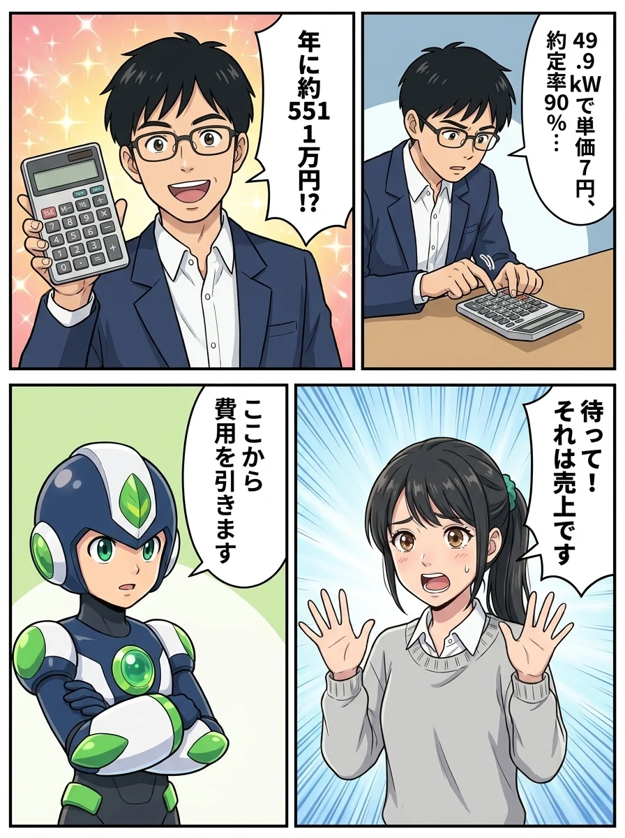 ユウキ「49.9kWで単価7円、約定率90%…」/ユウキ「年に約551万円!?」/アオイ「待って!それは売上です」/タンソーマン「ここから費用を引きます」