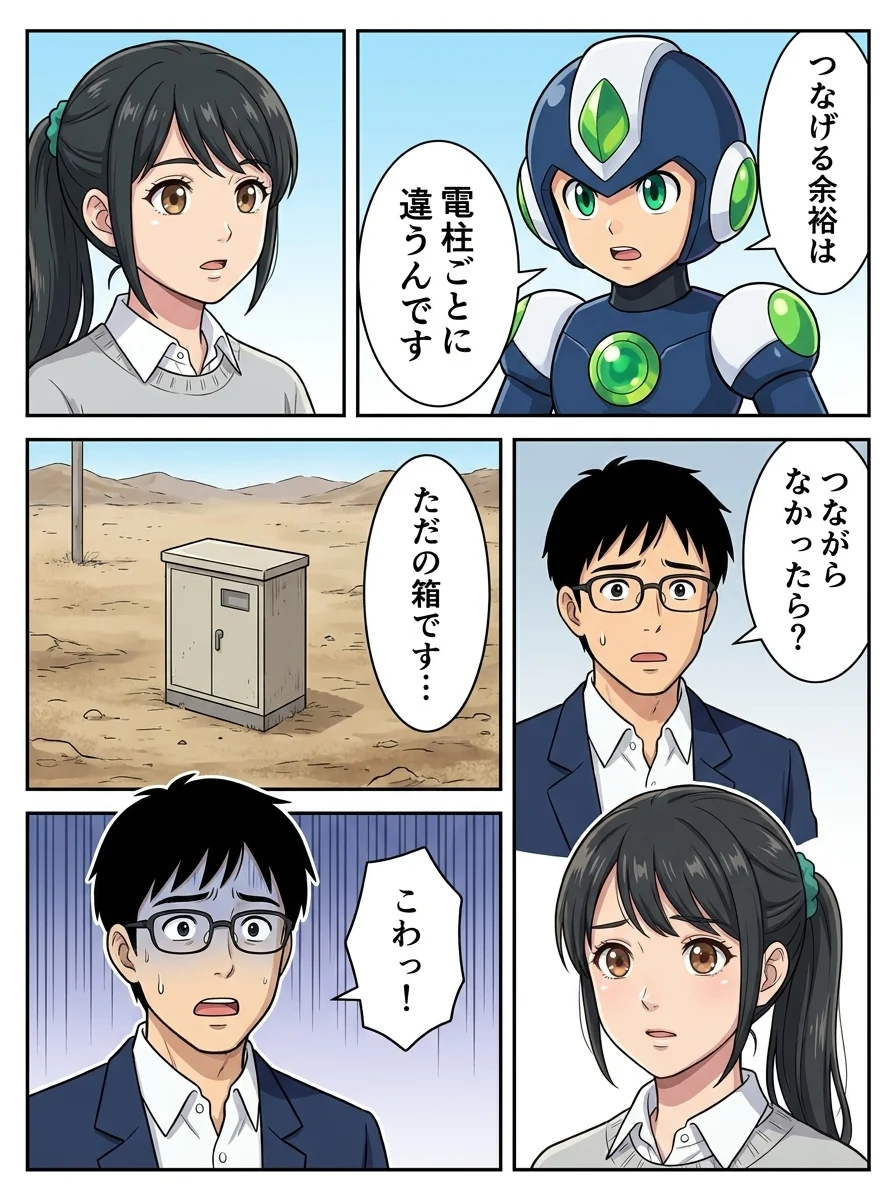 タンソーマン「つなげる余裕は」/タンソーマン「電柱ごとに違うんです」/ユウキ「つながらなかったら?」/アオイ「ただの箱です…」/ユウキ「こわっ!」