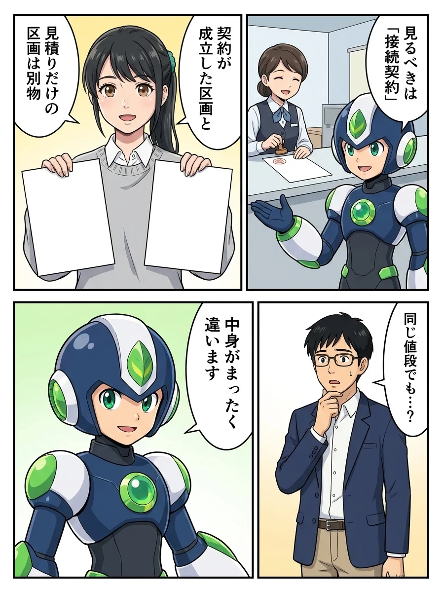 タンソーマン「見るべきは「接続契約」」/アオイ「契約が成立した区画と」/アオイ「見積りだけの区画は別物」/ユウキ「同じ値段でも…?」/タンソーマン「中身がまったく違います」