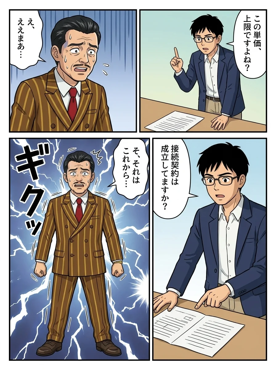 ユウキ「この単価、上限ですよね?」/営業マン「え、ええまあ…」/ユウキ「接続契約は成立してますか?」/営業マン「そ、それはこれから…」