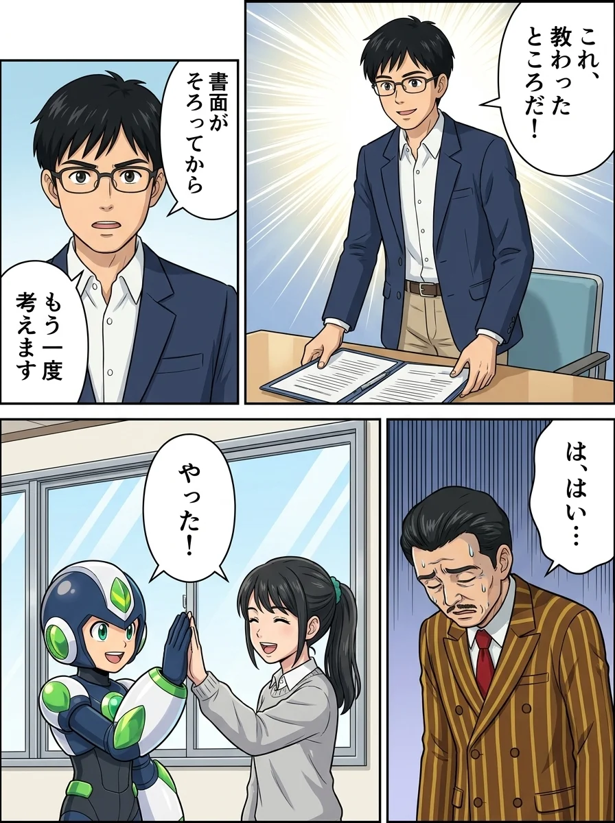 ユウキ「これ、教わったところだ!」/ユウキ「書面がそろってから」/ユウキ「もう一度考えます」/営業マン「は、はい…」/タンソーマン「やった!」