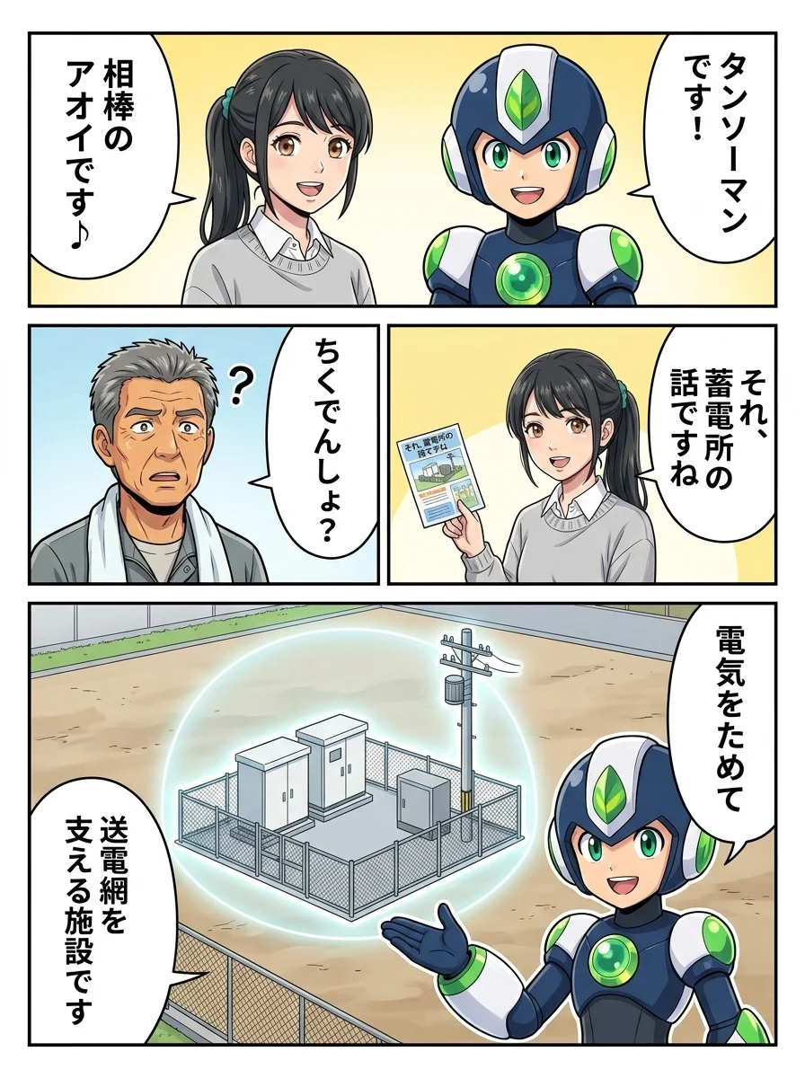 タンソーマン「タンソーマンです!」/アオイ「相棒のアオイです♪」/アオイ「それ、蓄電所の話ですね」/ハルオ「ちくでんしょ?」/タンソーマン「電気をためて」/タンソーマン「送電網を支える施設です」