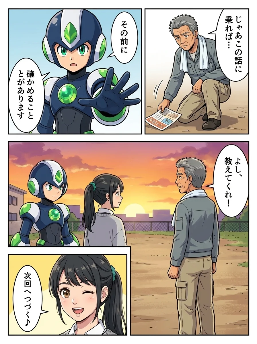 ハルオ「じゃあこの話に乗れば…」/タンソーマン「その前に」/タンソーマン「確かめることがあります」/ハルオ「よし、教えてくれ!」/アオイ「次回へつづく♪」