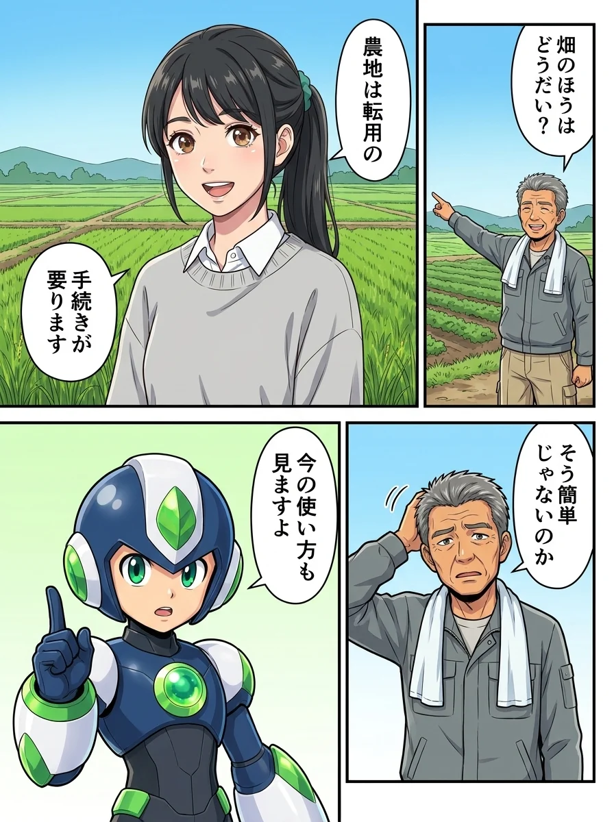 ハルオ「畑のほうはどうだい?」/アオイ「農地は転用の」/アオイ「手続きが要ります」/ハルオ「そう簡単じゃないのか」/タンソーマン「今の使い方も見ますよ」