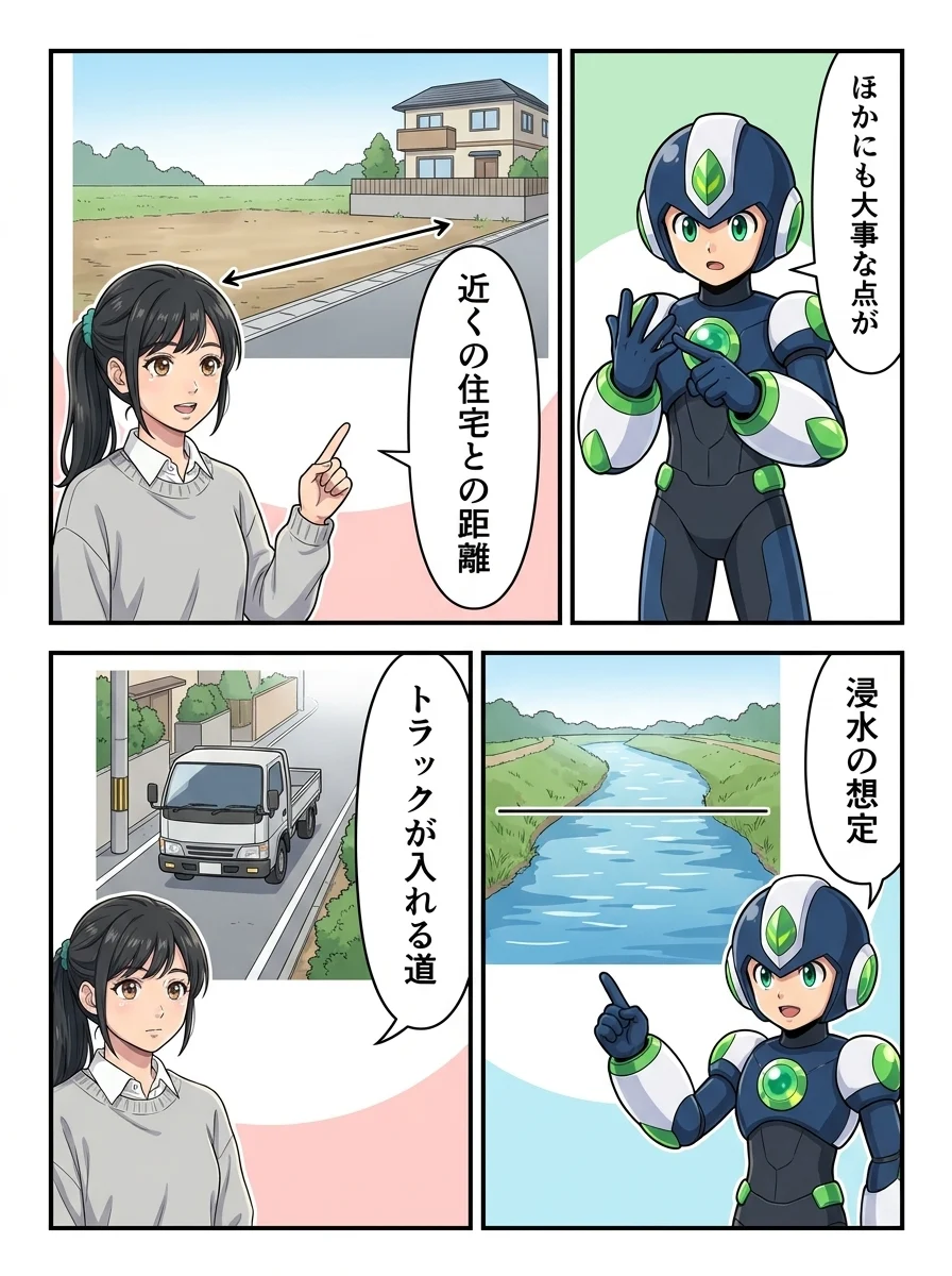 タンソーマン「ほかにも大事な点が」/アオイ「近くの住宅との距離」/タンソーマン「浸水の想定」/アオイ「トラックが入れる道」