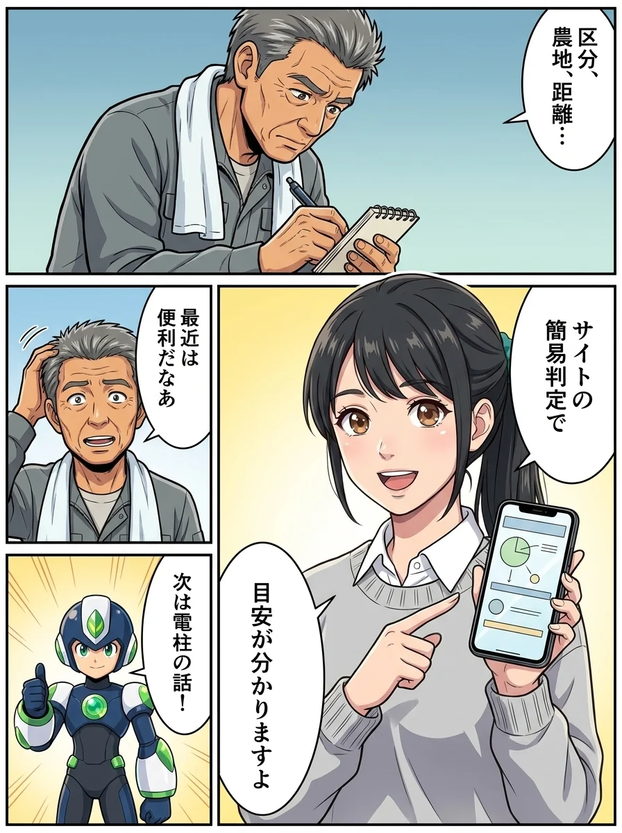 ハルオ「区分、農地、距離…」/アオイ「サイトの簡易判定で」/アオイ「目安が分かりますよ」/ハルオ「最近は便利だなあ」/タンソーマン「次は電柱の話!」