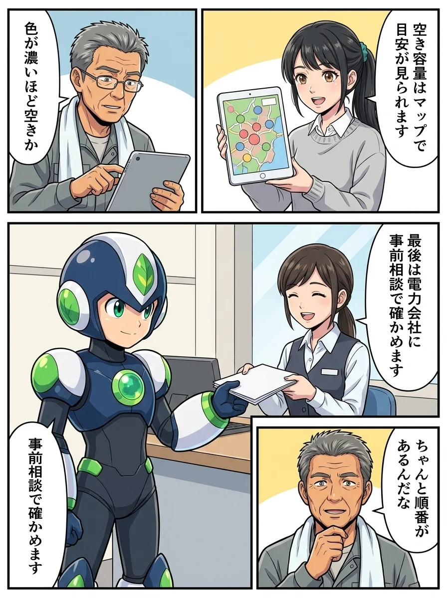 アオイ「空き容量はマップで」/アオイ「目安が見られます」/ハルオ「色が濃いほど空きか」/タンソーマン「最後は電力会社に」/タンソーマン「事前相談で確かめます」/ハルオ「ちゃんと順番があるんだな」