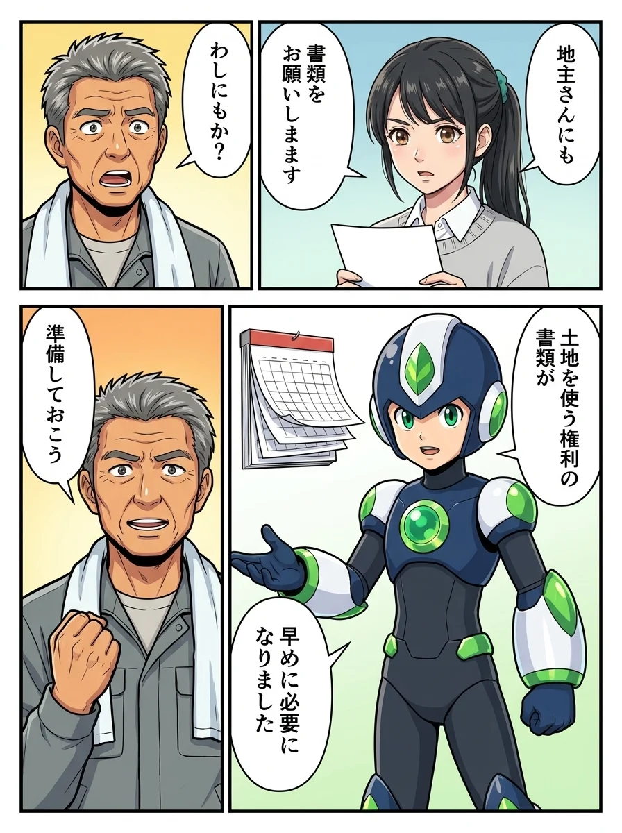 アオイ「地主さんにも」/アオイ「書類をお願いします」/ハルオ「わしにもか?」/タンソーマン「土地を使う権利の書類が」/タンソーマン「早めに必要になりました」/ハルオ「準備しておこう」