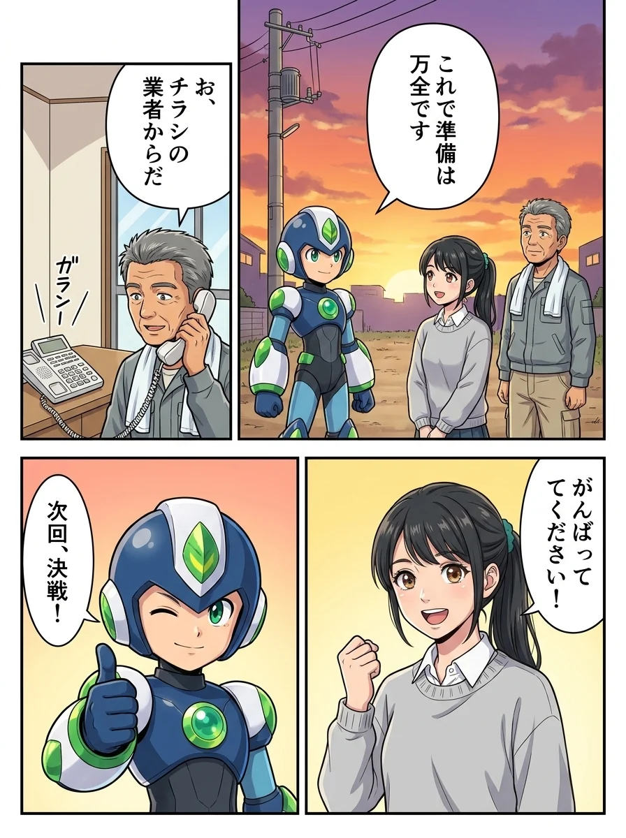 タンソーマン「これで準備は万全です」/ハルオ「お、チラシの業者からだ」/アオイ「がんばってください!」/タンソーマン「次回、決戦!」