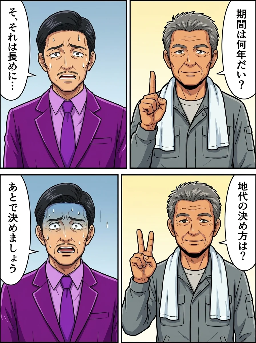 ハルオ「期間は何年だい?」/業者「そ、それは長めに…」/ハルオ「地代の決め方は?」/業者「あとで決めましょう」