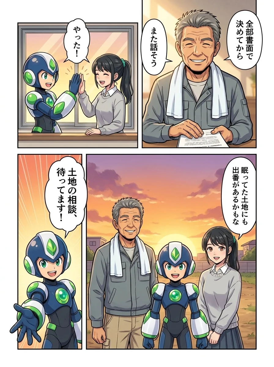 ハルオ「全部書面で決めてから」/ハルオ「また話そう」/タンソーマン「やった!」/ハルオ「眠ってた土地にも」/ハルオ「出番があるかもな」/タンソーマン「土地の相談、待ってます!」