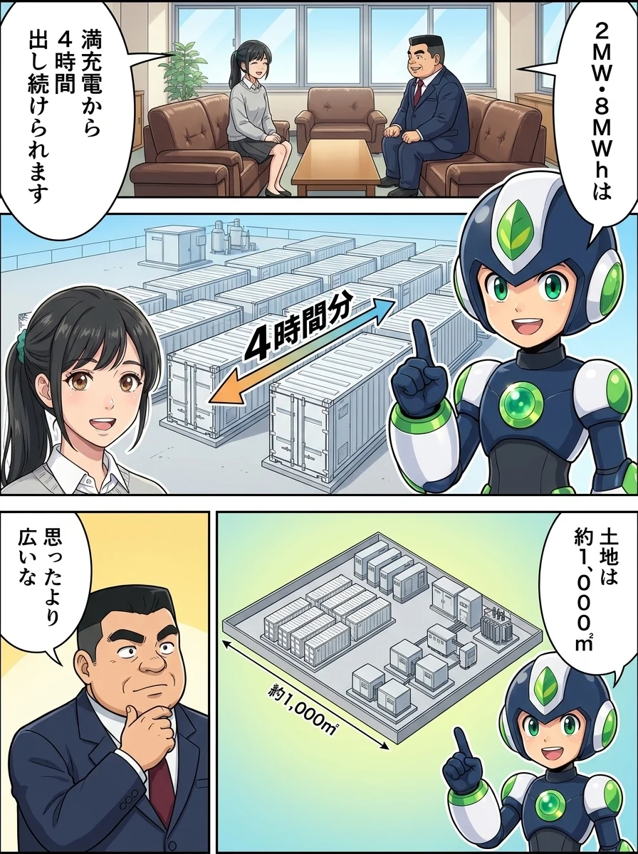 タンソーマン「2MW・8MWhは」／アオイ「満充電から4時間出し続けられます」／タンソーマン「土地は約1,000㎡」／ケンジ「思ったより広いな」
