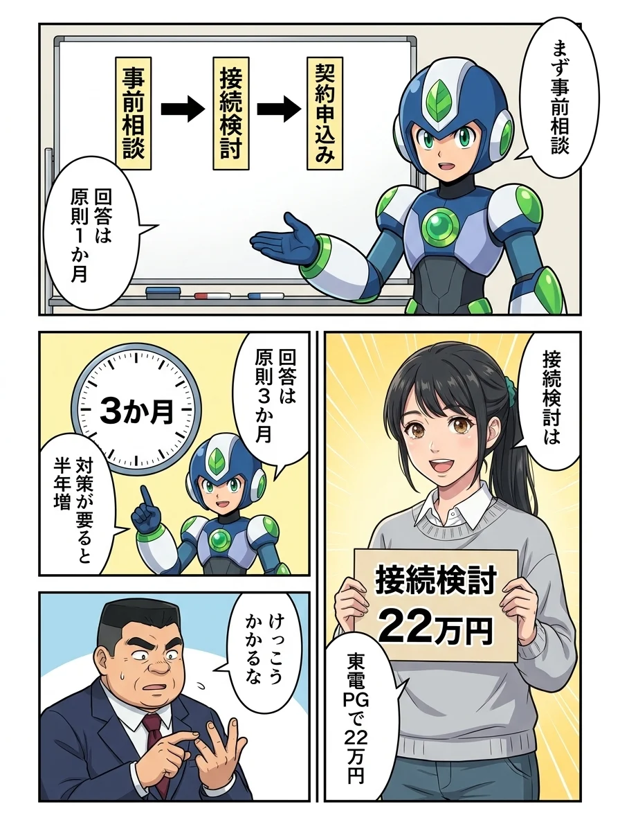 タンソーマン「まず事前相談」/タンソーマン「回答は原則1か月」/アオイ「接続検討は」/アオイ「東電PGで22万円」/タンソーマン「回答は原則3か月」/タンソーマン「対策が要ると半年増」/ケンジ「けっこうかかるな」